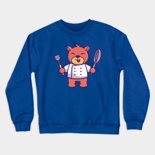 Cute Chef Bear Holding Pan And Spatula Cartoon Crewneck Sweatshirt